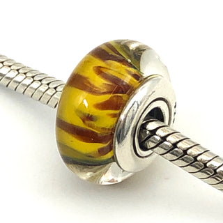 PANDORA Bengal Tiger Murano 925 ALE Sterling Silver Charm Brown and Yellow Animal Print Murano Glass Bead 790940 - Retired