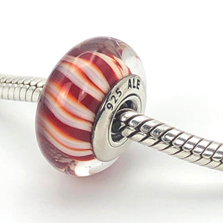 PANDORA Red Candy Stripes Sterling Silver Murano Glass Charm Bead
