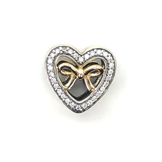 PANDORA 2016 Limited Edition Bound By Love S925 ALE Sterling Silver Heart Charm With 14K Gold Bow And Clear Zirconia 791875CZ - Retired