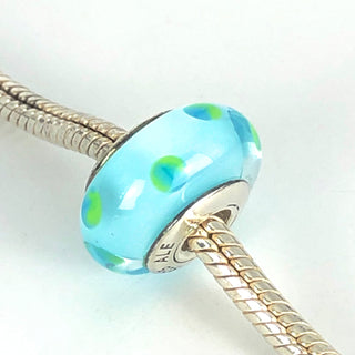 PANDORA Teal Polka Dots MURANO Glass 925 ALE Sterling Silver Charm Bead 790605 - Retired