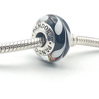 PANDORA Black And White Swirl 925 ALE Sterling Silver Charm Murano Glass Bead 790676 - Retired