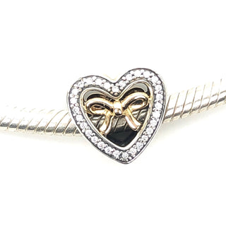 PANDORA 2016 Limited Edition Bound By Love S925 ALE Sterling Silver Heart Charm With 14K Gold Bow And Clear Zirconia 791875CZ - Retired