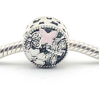 PANDORA Springtime Dragonfly Charm S925 ALE Sterling Silver With White and Pink Enamel and Clear CZ 791842ENMX - Retired