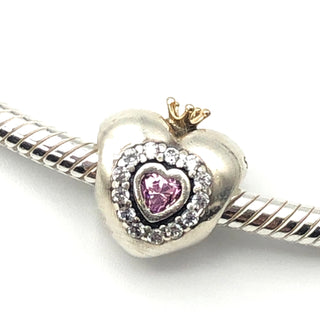 PANDORA Princess Heart Sterling Silver Charm With 14K Gold Crown And Clear And Pink Zirconia