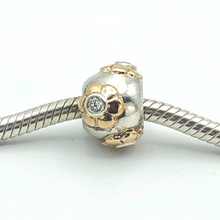 PANDORA Raised Flower Sterling Silver And 14K Gold Charm With Clear Zirconia