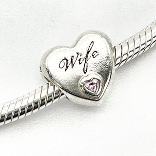 Pandora Wife Heart Sterling Silver Charm With Pink Zirconia