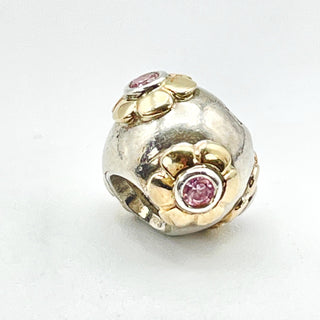 PANDORA Raised Flower Sterling Silver And 14K Gold Charm With Pink Zirconia