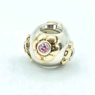 PANDORA Raised Flower Sterling Silver And 14K Gold Charm With Pink Zirconia