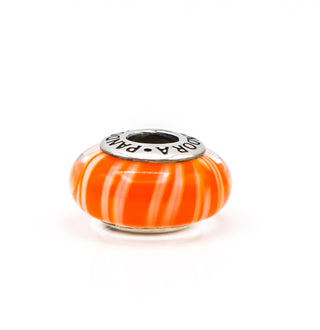 PANDORA Orange Candy Stripes Murano Glass Sterling Silver Charm Bead