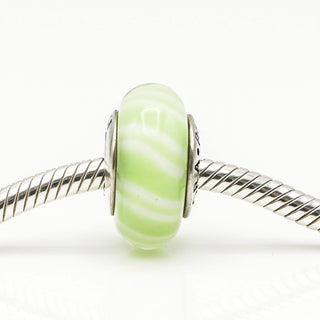 PANDORA Green Candy Stripes Murano Glass Sterling Silver Charm Bead