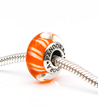 PANDORA Orange Candy Stripes Murano Glass Sterling Silver Charm Bead