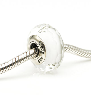 PANDORA White Fascinating Faceted Murano Glass Sterling Silver Charm Bead