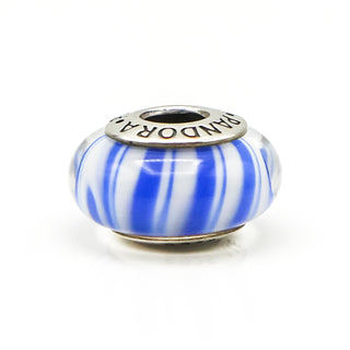 PANDORA Blue Candy Stripes Murano Glass Sterling Silver Charm Bead