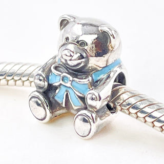Pandora It's a Boy Sterling Silver Teddy Bear Charm With Blue Ribbon