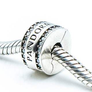 PANDORA Logo Sterling Silver Silicone Clip Charm With Clear Zirconia