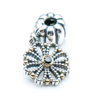 PANDORA Lace Flower Sterling Silver Dangle Clip Charm With 14K Gold And Black Zirconia
