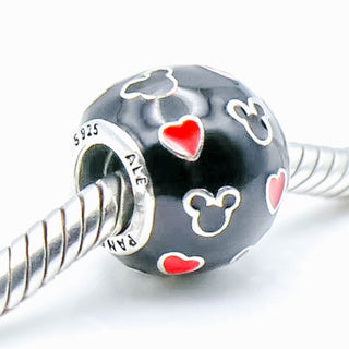 PANDORA Disney Mickey And Hearts Enamel Sterling Silver Charm With Red And Black Enamel