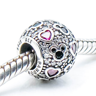 PANDORA Disney Mickey And Hearts Sterling Silver Charm With Clear, Black And Red Zirconia