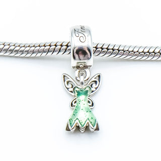 PANDORA Disney Tinker Bell Dress Sterling Silver Dangle Charm With Green Enamel