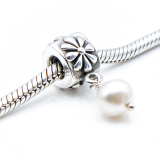 PANDORA Flower Sterling Silver Dangle With White Pearl