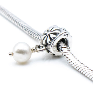 PANDORA Flower Sterling Silver Dangle With White Pearl
