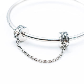 PANDORA Logo Sterling Silver Safety Chain With Silicon Clip And Clear Zirconia