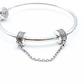 PANDORA Logo Sterling Silver Safety Chain With Silicon Clip And Clear Zirconia