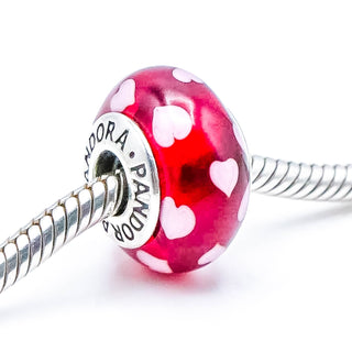 PANDORA Sweethearts Red Murano Glass Sterling Silver Charm With Pink Hearts
