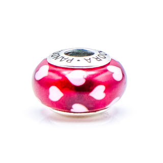 PANDORA Sweethearts Red Murano Glass Sterling Silver Charm With Pink Hearts