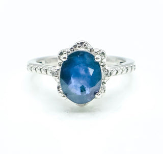 Sterling Silver Oval Blue Sapphire And Diamonds Accent Ring Size 5