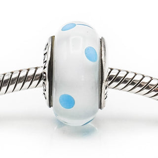 PANDORA White Teal Polka Dots Murano Glass Charm With Sterling Silver Core