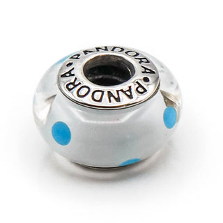 PANDORA White Teal Polka Dots Murano Glass Charm With Sterling Silver Core