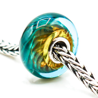 TROLLBEADS Blue-Green Feather Glass Bead Sterling Silver Core Charm