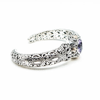 BALI TREASURES Amethyst Floral Filigree Sterling Silver 7.5-Inch Hinged Cuff Bracelet With 18K Gold Accent