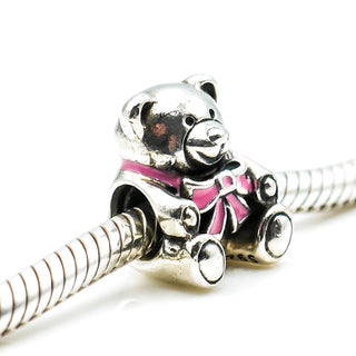 Pandora It's a Girl Charm Sterling Silver Baby Teddy Bear Charm With Pink Ribbon
