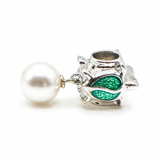 Vintage Sterling Silver Sea Turtle Pearl Dangle Charm With Green Enamel