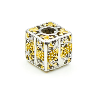 GEMS ON VOGUE Two-Tone Cube Floral Pattern Slider Charm With 18K Gold Plated Sterling Silver