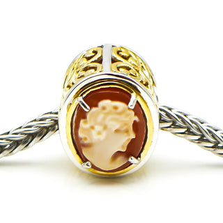 GEMS ON VOGUE Sterling Silver Cameo Bead Charm With 18K Gold Plating And Carved Shell