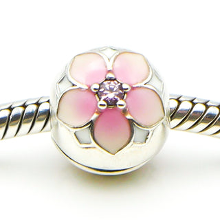 PANDORA Magnolia Bloom Sterling Silver Clip Charm With Pale Cerise Enamel And Pink Cubic Zirconia 792078PCZ - Retired