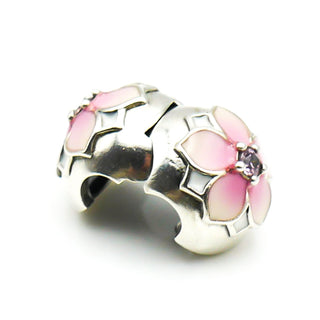 PANDORA Magnolia Bloom Sterling Silver Clip Charm With Pale Cerise Enamel And Pink Cubic Zirconia 792078PCZ - Retired