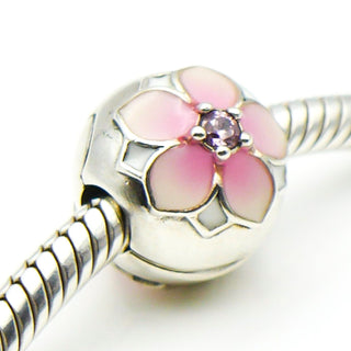 PANDORA Magnolia Bloom Sterling Silver Clip Charm With Pale Cerise Enamel And Pink Cubic Zirconia 792078PCZ - Retired