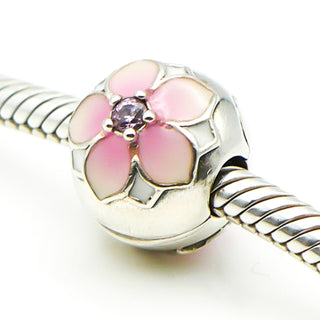 PANDORA Magnolia Bloom Sterling Silver Clip Charm With Pale Cerise Enamel And Pink Cubic Zirconia 792078PCZ - Retired