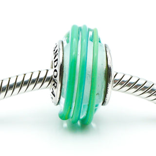 PANDORA Clear Teal Ribbon Murano Glass Sterling Silver Charm