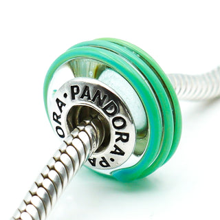 PANDORA Clear Teal Ribbon Murano Glass Sterling Silver Charm