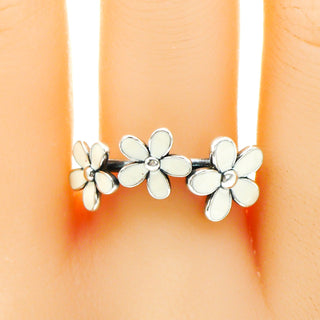 PANDORA RARE Size 7.5 (56) Darling Daisies Triple Sterling Silver Ring With White Enamel