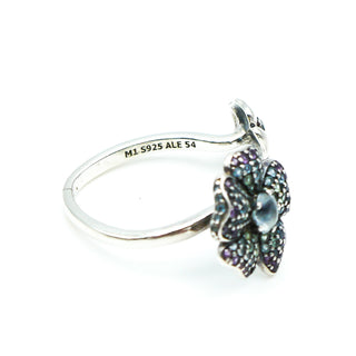 PANDORA RARE Size 7 Glorious Blooms Sterling Silver Ring With Blue, Purple and Green Crystals