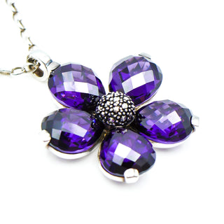 THOMAS SABO Large Purple Crystal Flower Sterling Silver Pendant 1 3/4 Inches