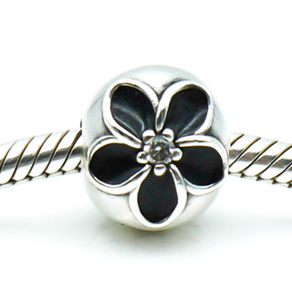 PANDORA Mystic Floral Sterling Silver Clip With Clear Zirconia And Black Enamel