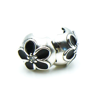 PANDORA Mystic Floral Sterling Silver Clip With Clear Zirconia And Black Enamel