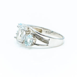 Sterling Silver Aquamarine & Topaz Ring With Diamond Accents Size 7.5